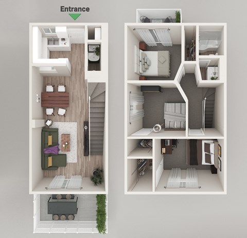 a room with a bedroom and a living room